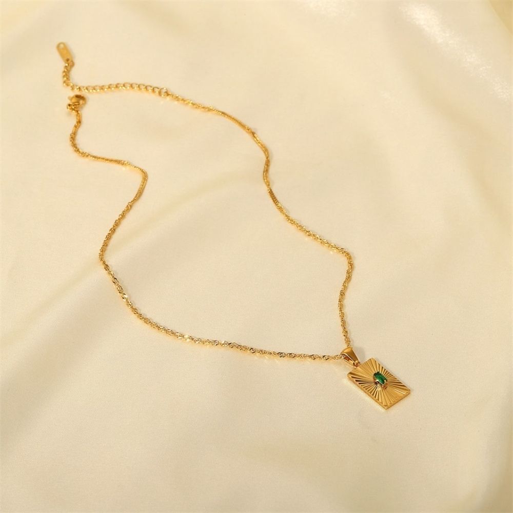 Emerald Green Cubic Zirconia 18K Gold Plated Stainless Steel Pendant Necklace - Picture 11 of 15